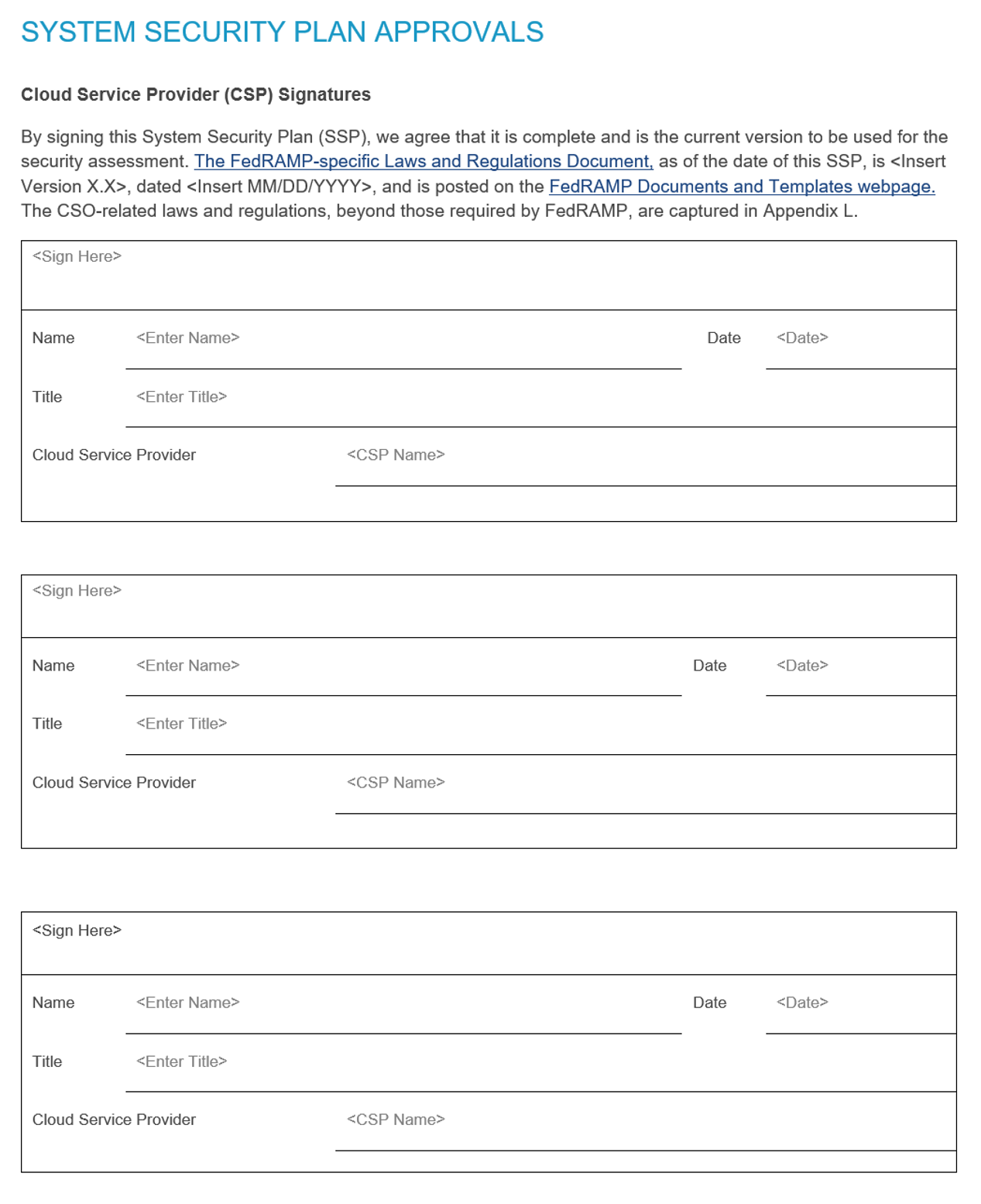 Screenshot of document approvals information in the FedRAMP template.