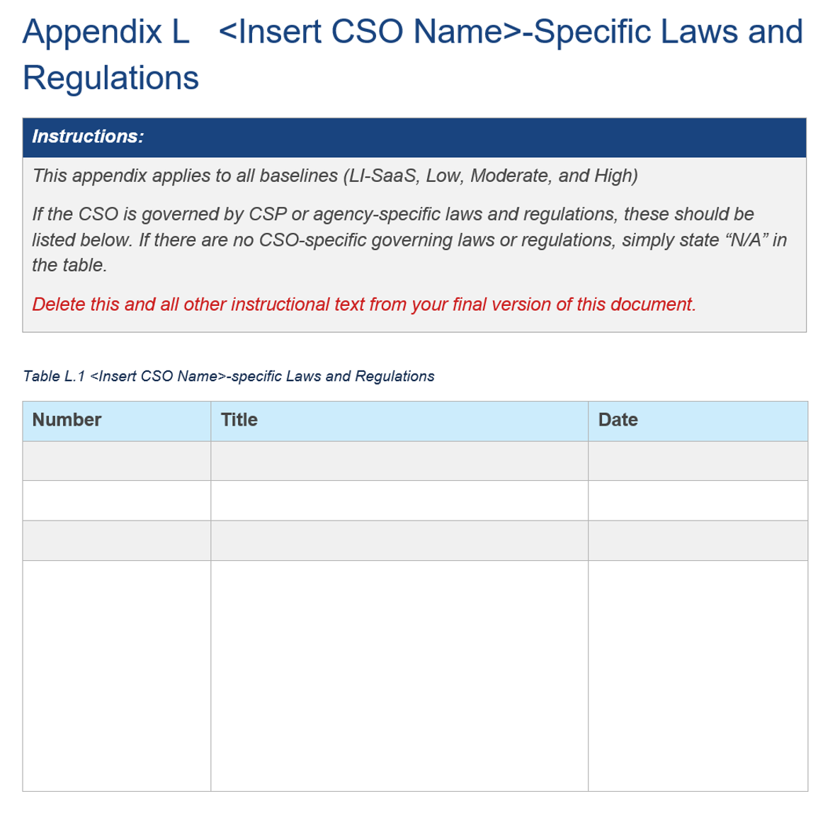 Screenshot of laws, regulations, standards, and guidance information in the FedRAMP template.