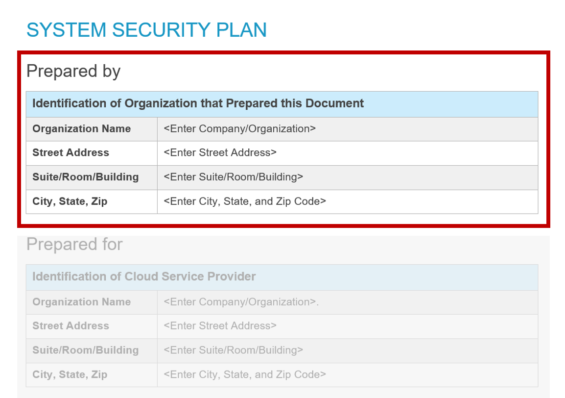 Screenshot of third party "prepared by" information in the FedRAMP template.