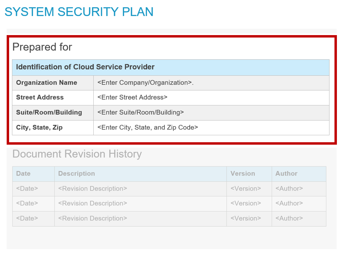 Screenshot of "prepared for" information in the FedRAMP template.