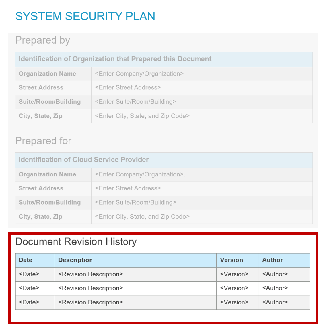 Screenshot of document revision history information in the FedRAMP template.