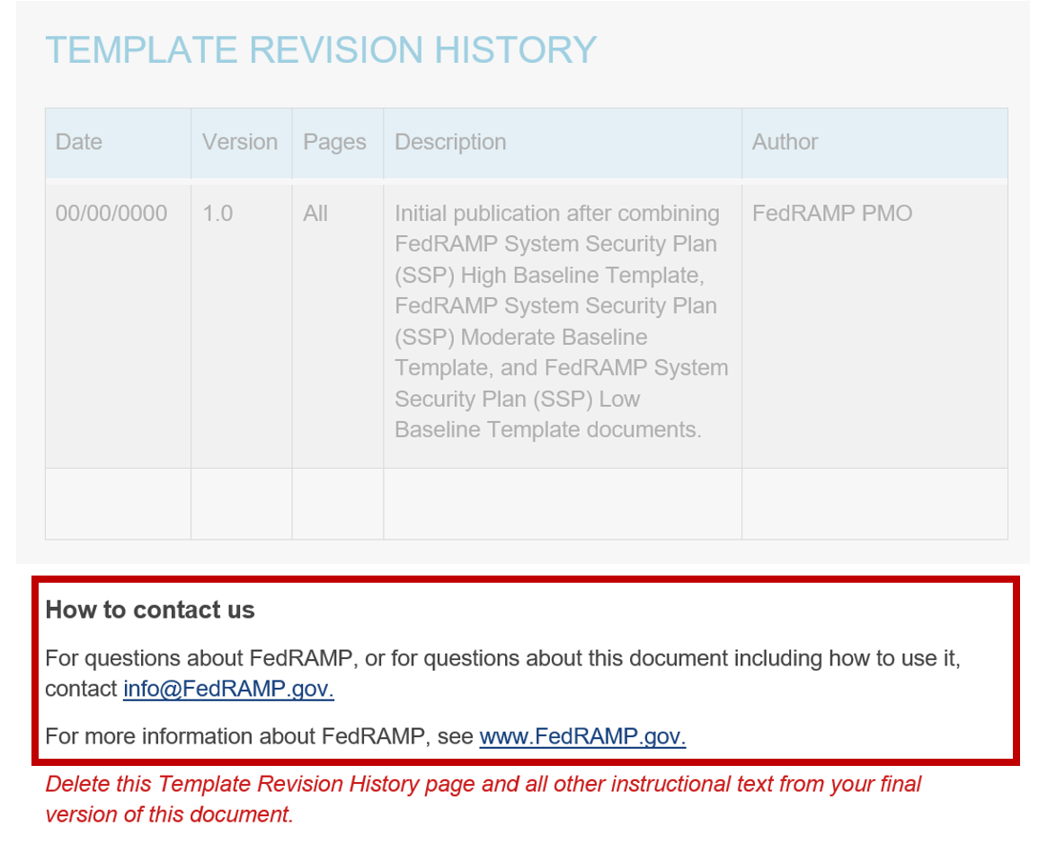 Screenshot of "contact us" information in the FedRAMP template.