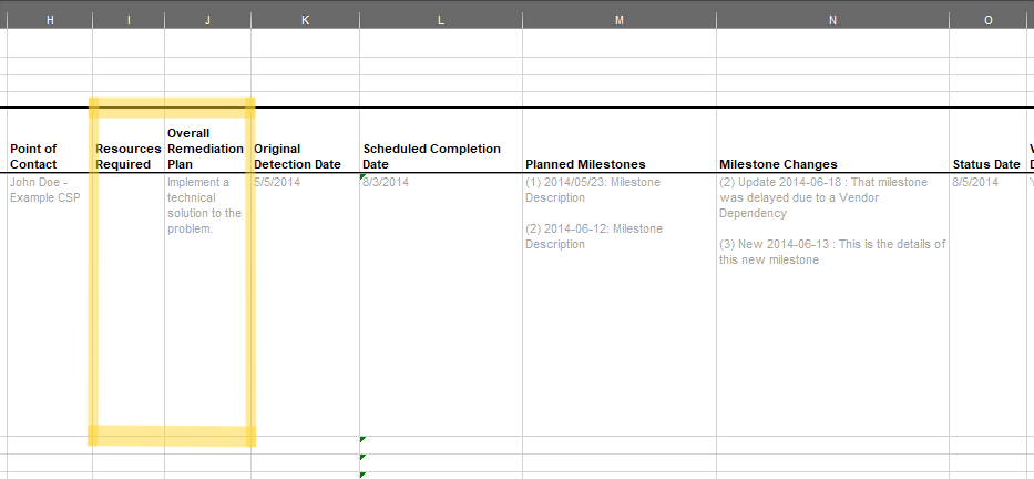 Screenshot of the FedRAMP POA&M template showing entry row remediation plan.