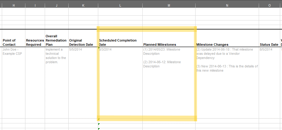 Screenshot of the FedRAMP POA&M template showing entry row planned remediation schedule.