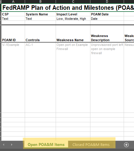 Screenshot of the FedRAMP POA&M template showing closure of a risk entry.