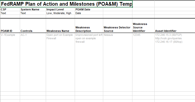 Screenshot of the FedRAMP POA&M template showing entry rows.