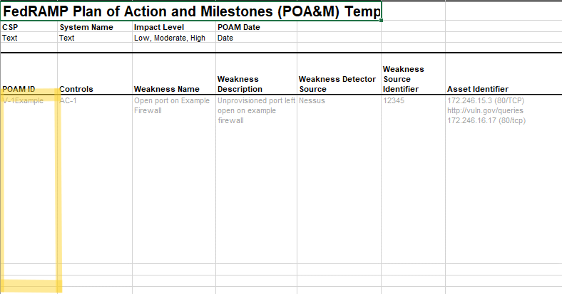 Screenshot of the FedRAMP POA&M template showing individual POA&M entry row.