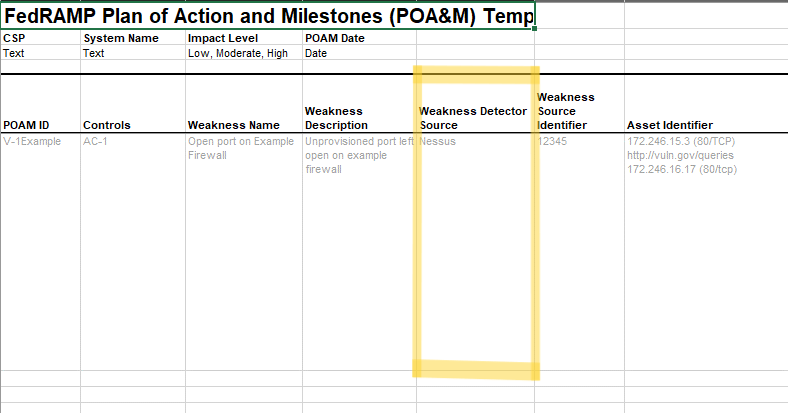 Screenshot of the FedRAMP POA&M template showing entry row weakness source.