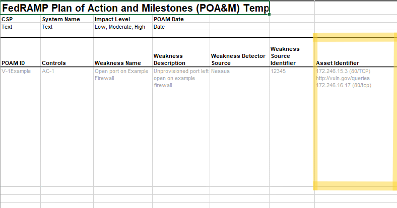 Screenshot of the FedRAMP POA&M template showing entry row asset identifier.