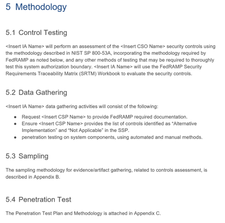 Screenshot of the FedRAMP SAP template where methodology information is provided.