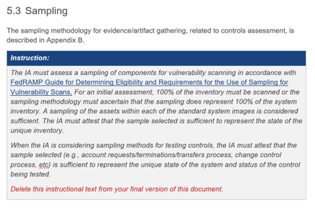 Screenshot of the FedRAMP SAP template where sampling methodology information is provided.