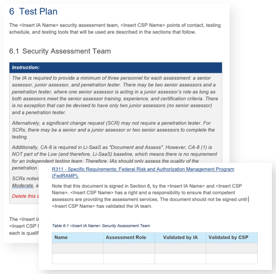 Screenshot of the security assessment team information in the FedRAMP SAP template.