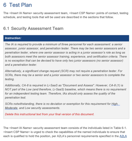 Screenshot of the additional security assessment team information \(e.g., assessment lead\) in the FedRAMP SAP template.