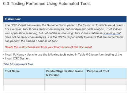 Screenshot of the assessment tools information in the FedRAMP SAP template.