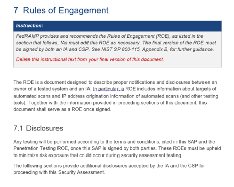 Screenshot of the rules of engagement and disclosure information in the FedRAMP SAP template.