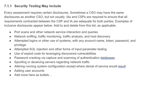 Screenshot of the terms and conditions \(e.g., security testing may include\) information in the FedRAMP SAP template.