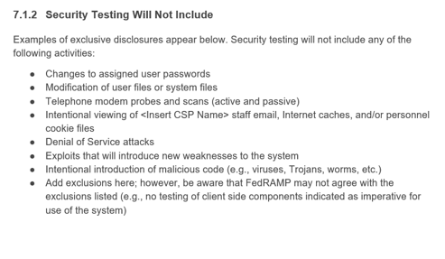 Screenshot of the terms and conditions \(e.g., security testing will not include\) information in the FedRAMP SAP template.