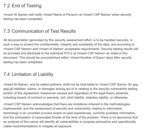 Screenshot of the end of testing section in the FedRAMP SAP template.