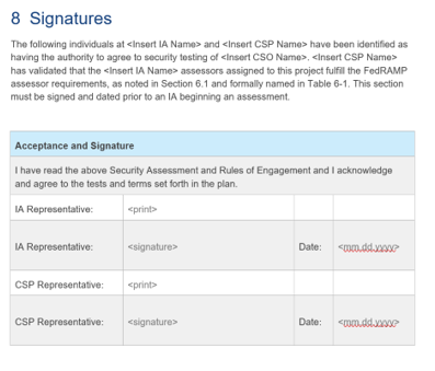 Screenshot of the signatures section in the FedRAMP SAP template.