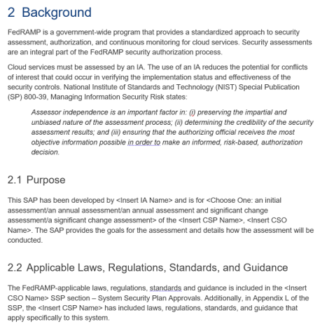 Screenshot of the Background, Purpose, and Applicable Laws sections of the FedRAMP SAP template.