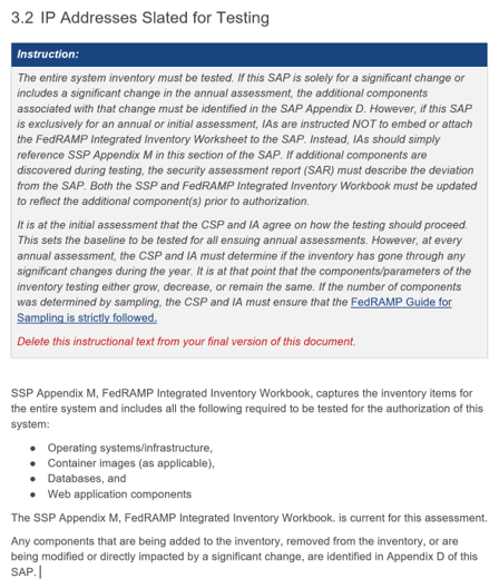 Screenshot of section of the FedRAMP SAP template where IP addresses slated for testing is provided.