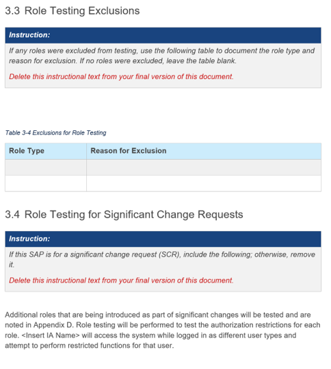 Screenshot of the FedRAMP SAP template where role testing inclusions and exclusions are provided.