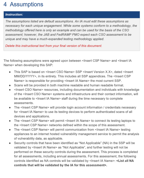 Screenshot of the FedRAMP SAP template where assumptions are provided.