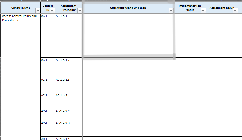 Screenshot of the FedRAMP Test Case Workbook showing the observation and evidence information.