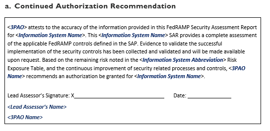 Screenshot of the FedRAMP SAR template showing the Continued Authorization Recommendation part of the template.