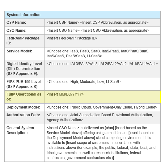 Screenshot of the system status information in the FedRAMP SSP template.