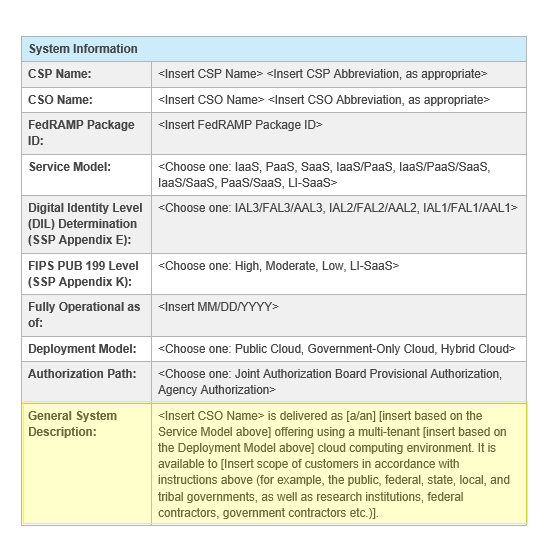 Screenshot of the general system description information in the FedRAMP SSP template.