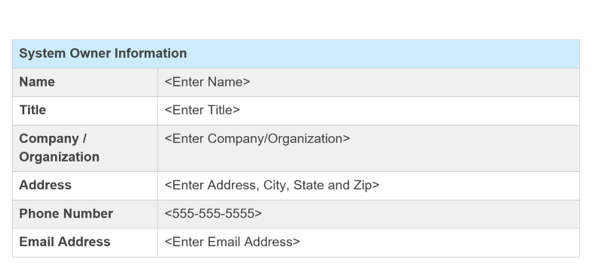 Screenshot of the system owner  information in the FedRAMP SSP template.