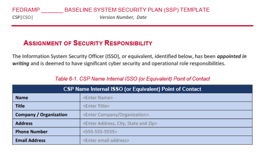 Screenshot of the federal authorizing official information in the FedRAMP SSP template.