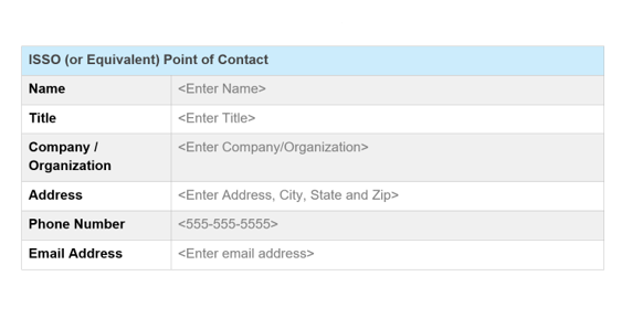 Screenshot of the security point of contact information (e.g., ISSO) in the FedRAMP SSP template.