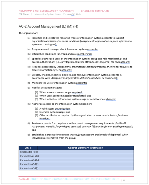 Screenshot of an SSP template security control definition.