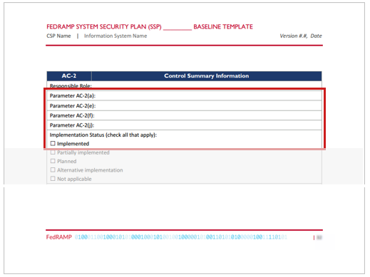 Screenshot of an SSP template security control parameter assignments.