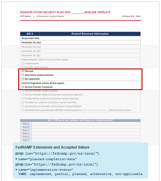 Screenshot of an SSP template security control implementation status.