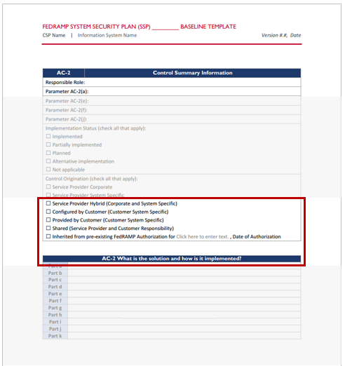 Screenshot of an SSP template security control origination.