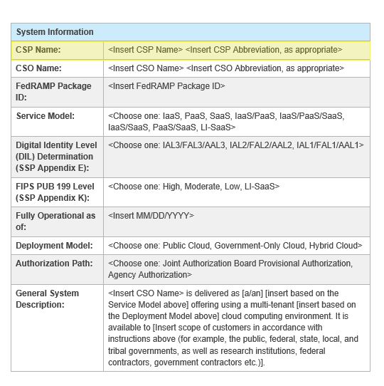 Screenshot of the CSP name in the FedRAMP SSP template.