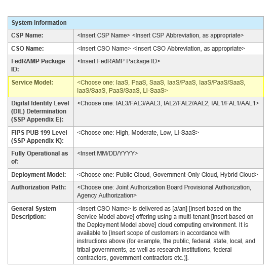 Screenshot of the cloud service model in the FedRAMP SSP template.