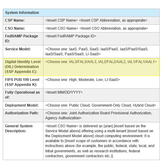 Screenshot of the DIL determination in the FedRAMP SSP template.