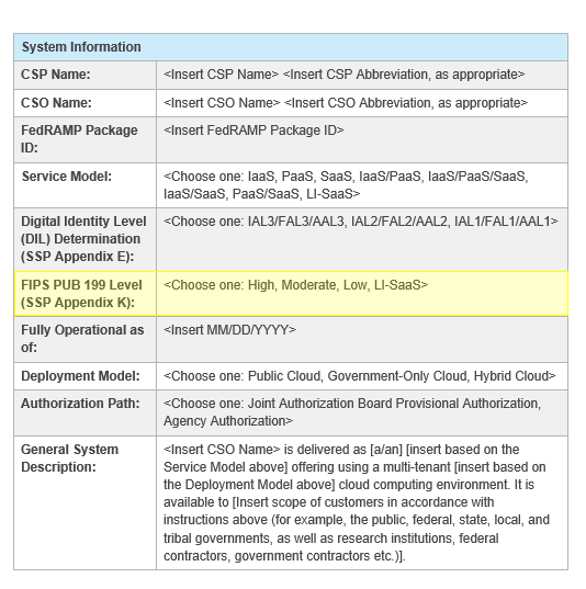 Screenshot of the FIPS 199 system sensitivity level in the FedRAMP SSP template.